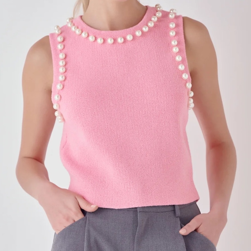 Endless Rose Pearl Detail Pink Knit Tank Top Size S Nwt
